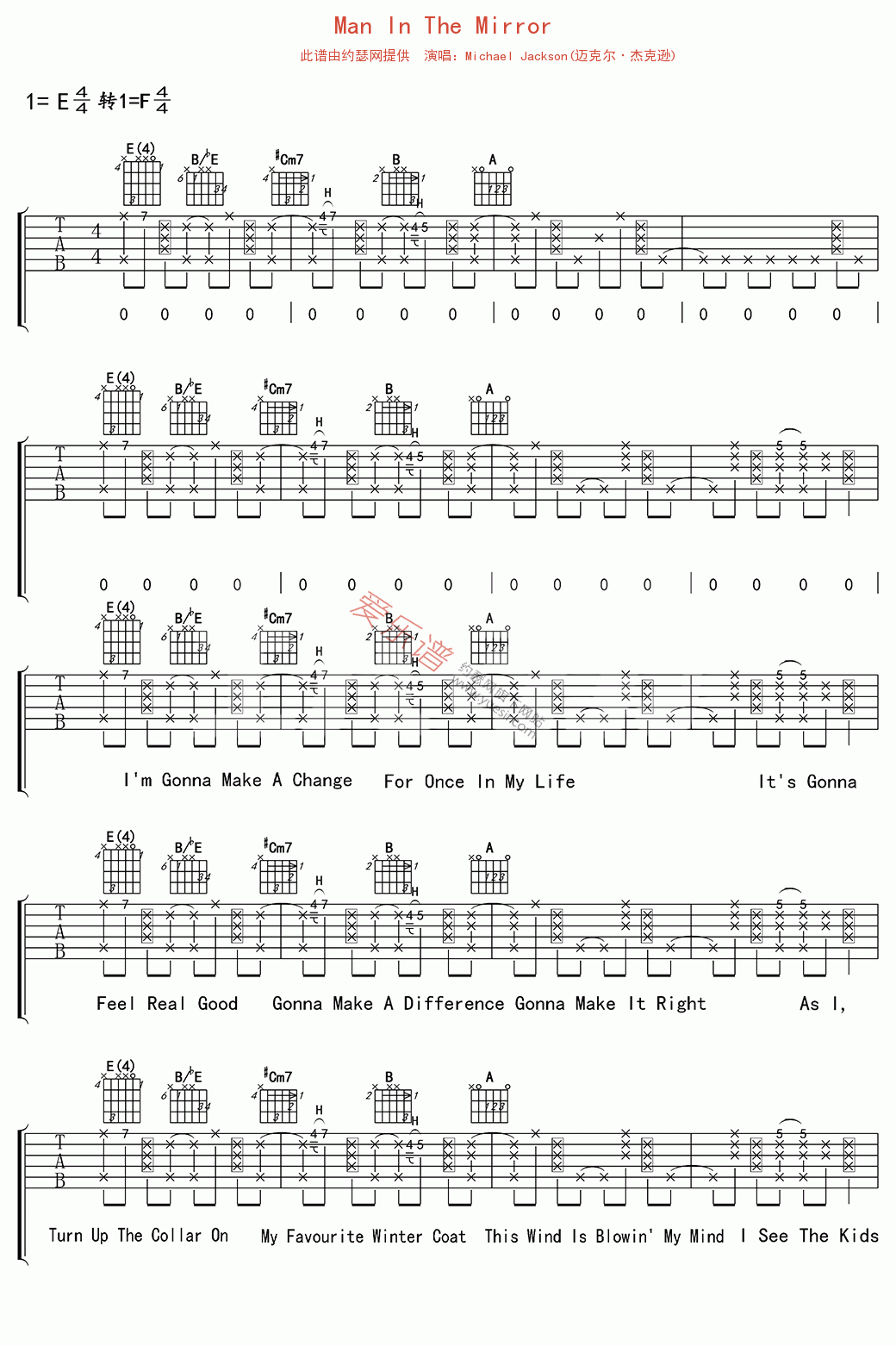 《Michael Jackson(迈克尔·杰克逊)《Man In The Mirror》》吉他谱-C大调音乐网