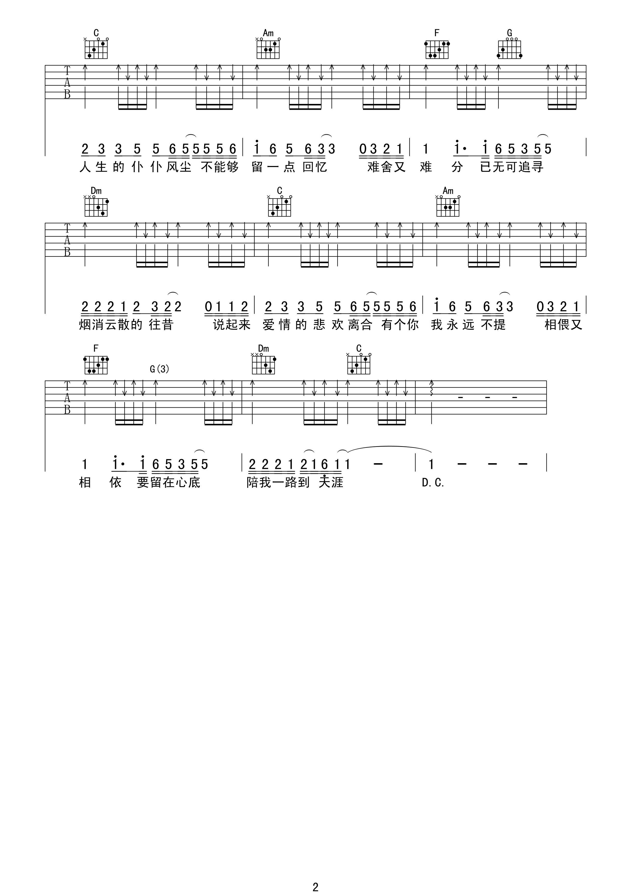 谭咏麟 难舍难分吉他谱 C调简单版-C大调音乐网
