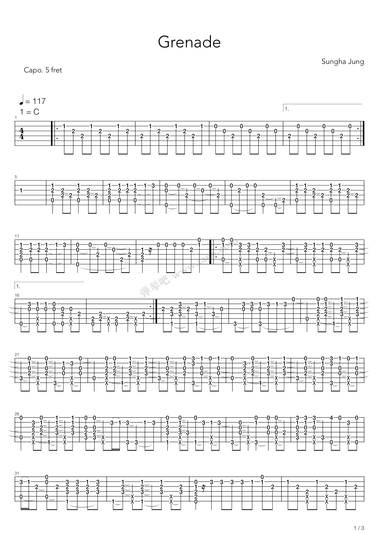 《Grenade（指弹版，郑成河）》吉他谱-C大调音乐网