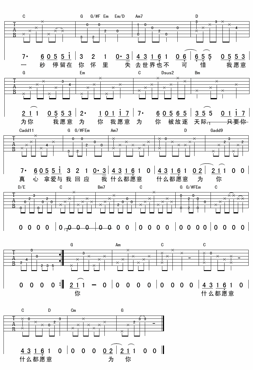 齐秦版我愿意吉他谱六线谱-C大调音乐网