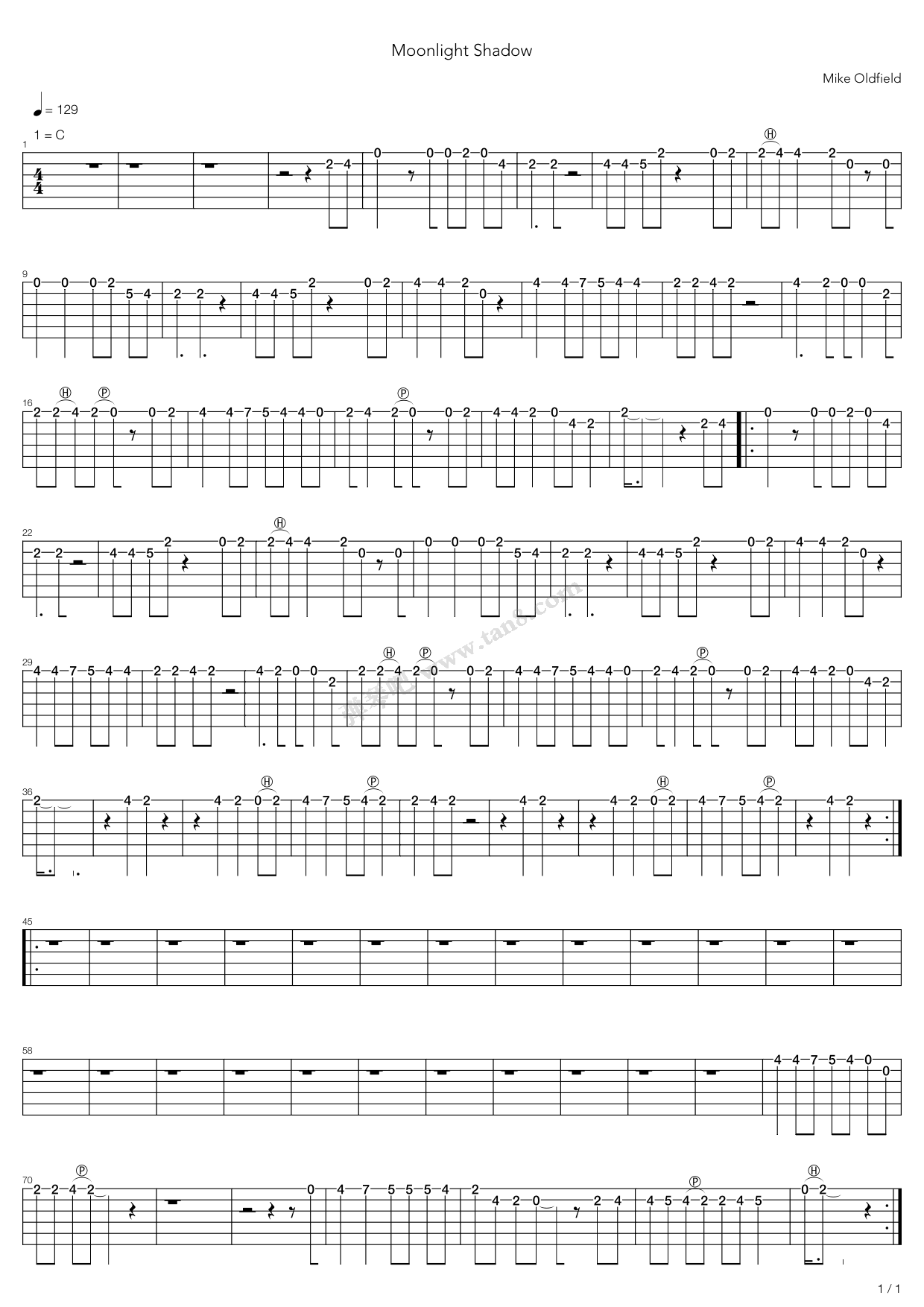 《Moonlight Shadow》吉他谱-C大调音乐网