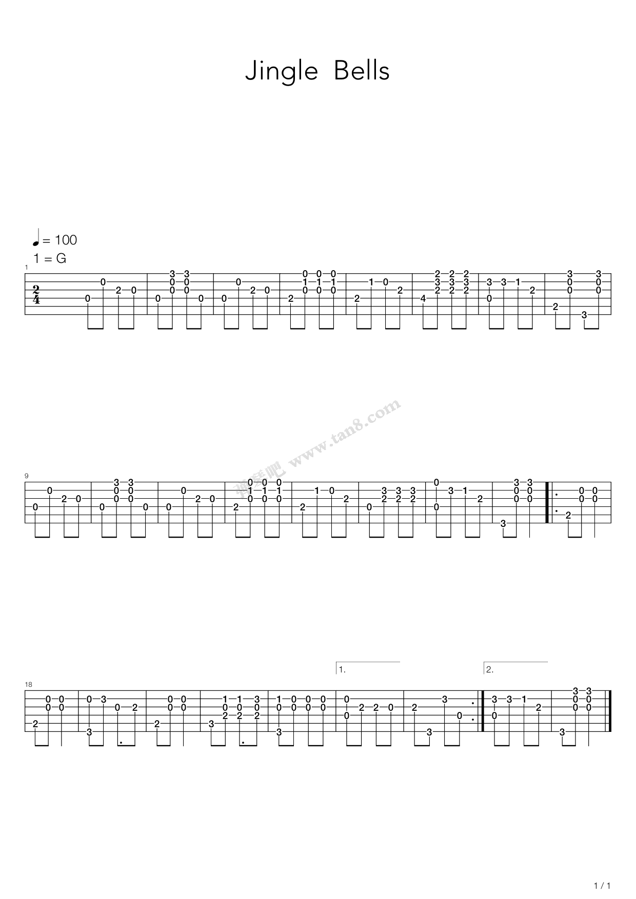 《圣诞歌 铃儿响叮当(Jingle Bells)》吉他谱-C大调音乐网