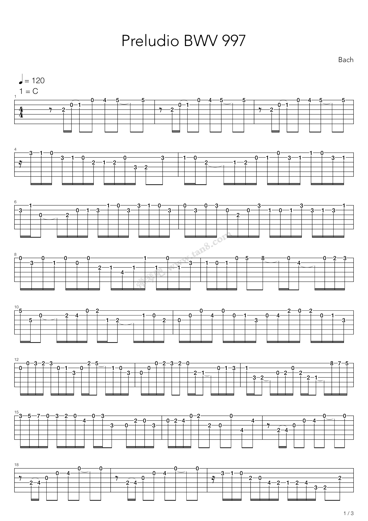 《Bwv 997 1 Prelude》吉他谱-C大调音乐网