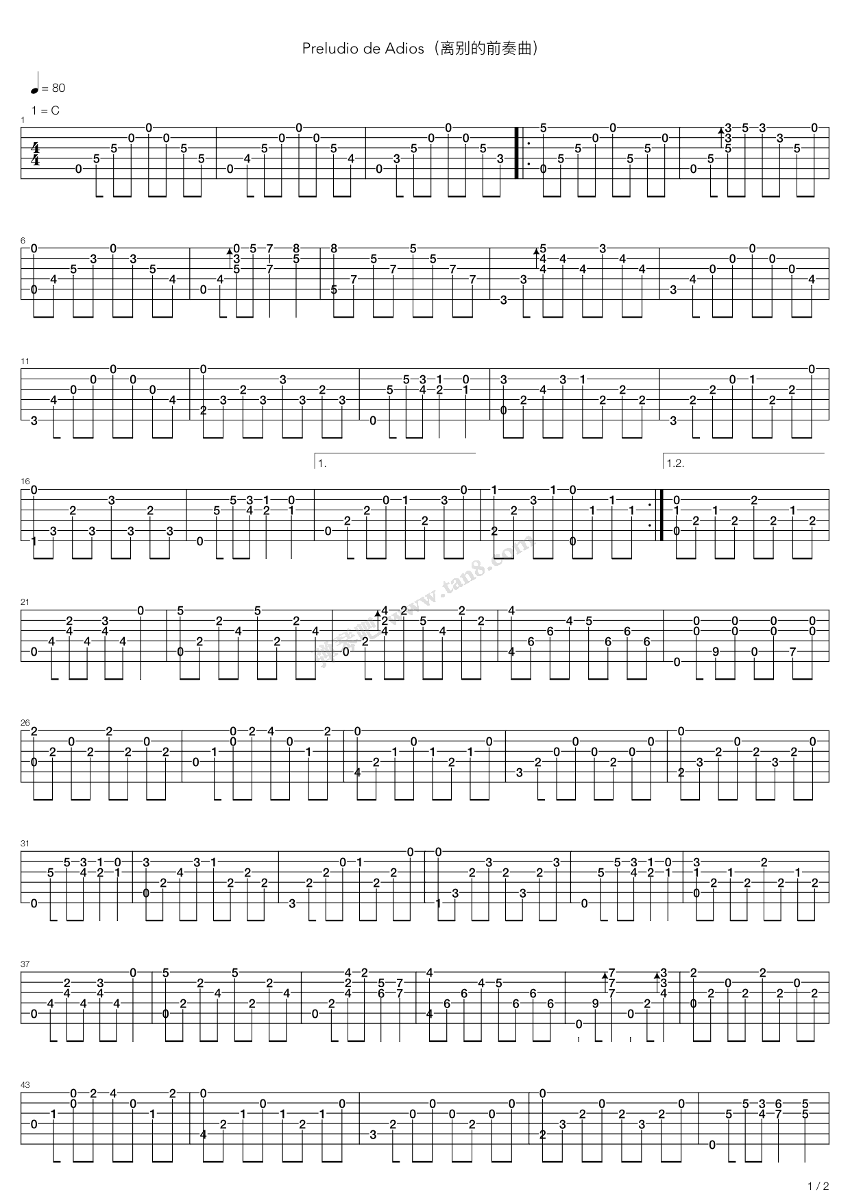 《Preludio de Adios(离别的前奏曲)》吉他谱-C大调音乐网