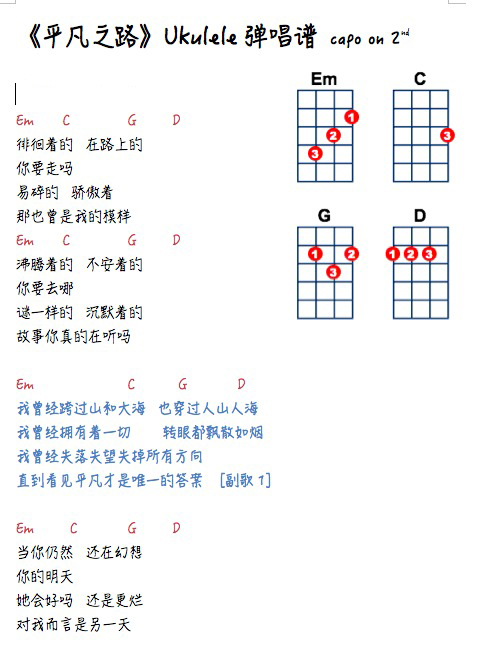 平凡之路 - Sasa小sa神 ukulele谱-C大调音乐网