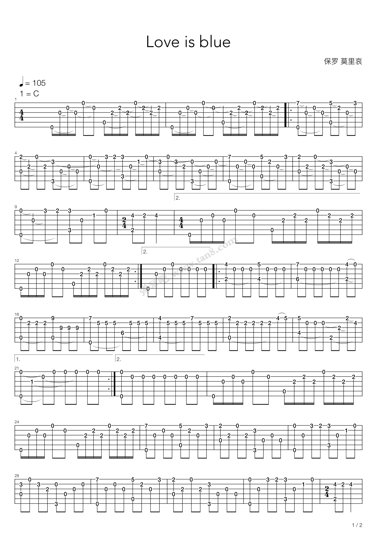 《Love is blue(蓝色的爱)》吉他谱-C大调音乐网