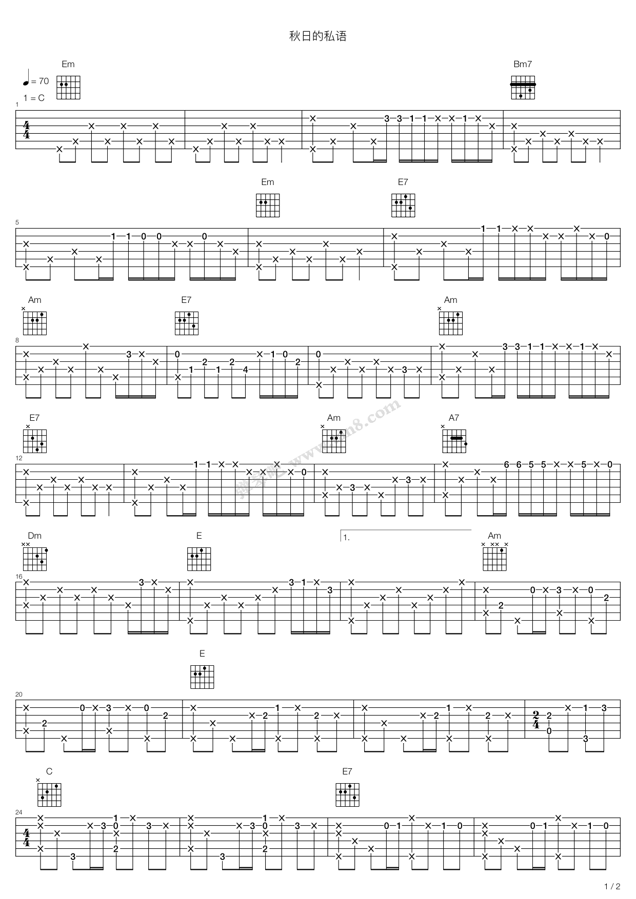 《秋日的私语》吉他谱-C大调音乐网
