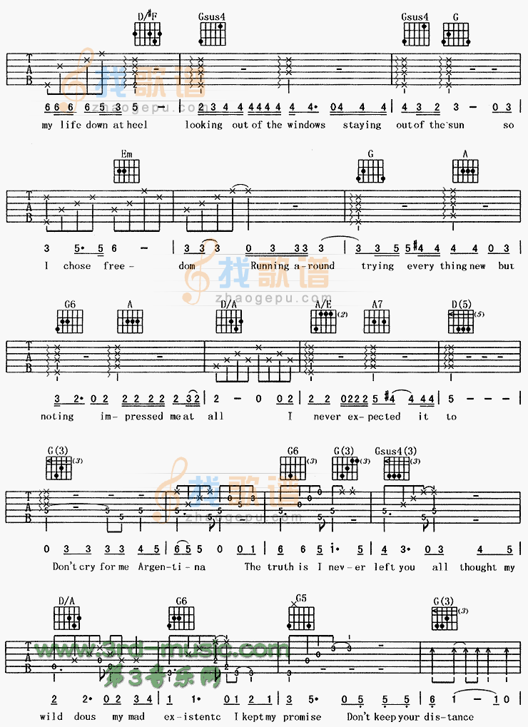 《阿根廷别为我哭泣(《贝隆夫人》主题歌)》吉他谱-C大调音乐网