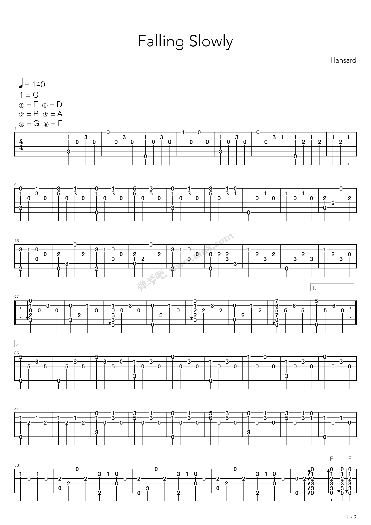 《Falling Slowly（指弹版，郑成河）》吉他谱-C大调音乐网