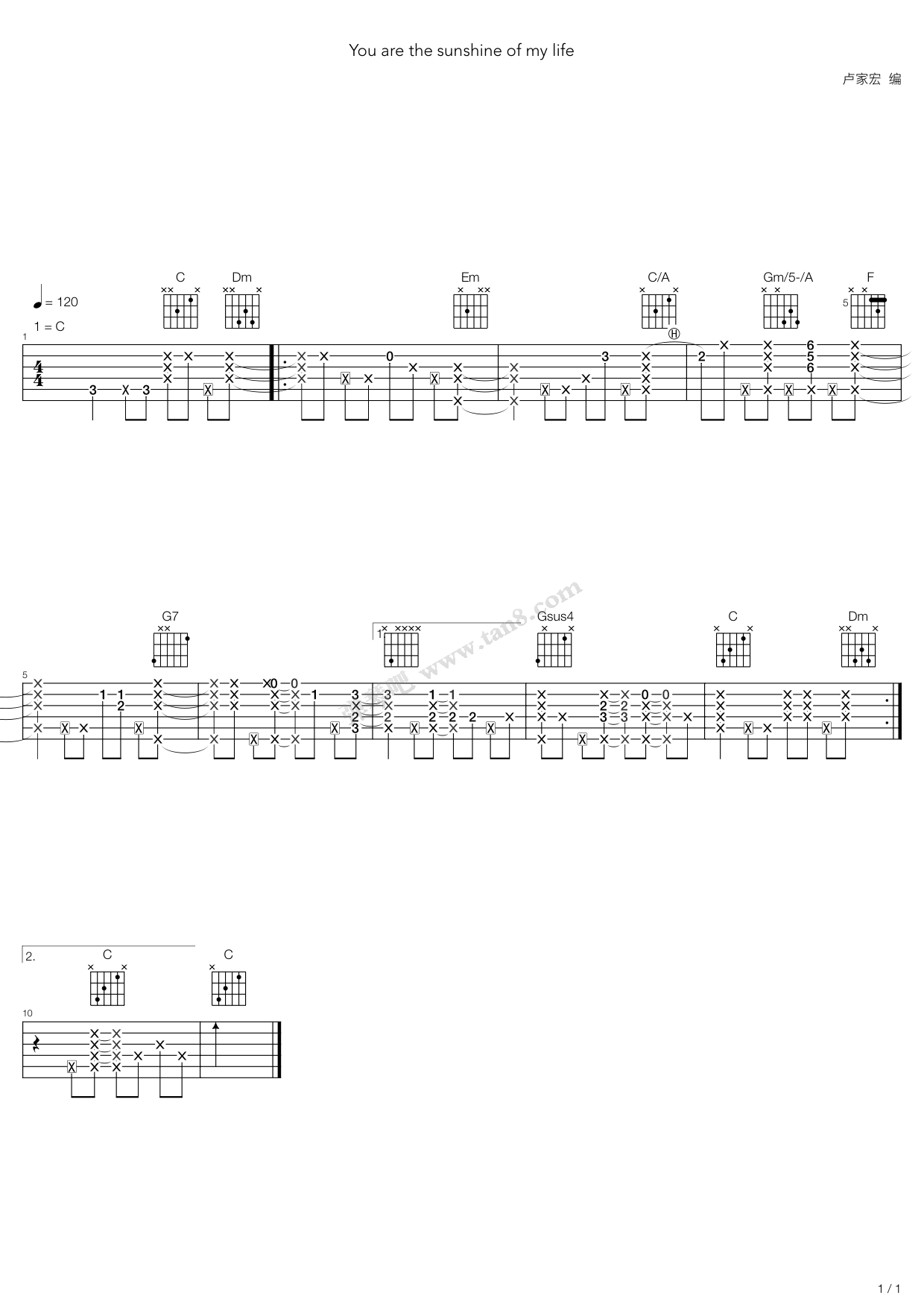 《You are the sunshine of my life（指弹版，卢家宏）》吉他谱-C大调音乐网