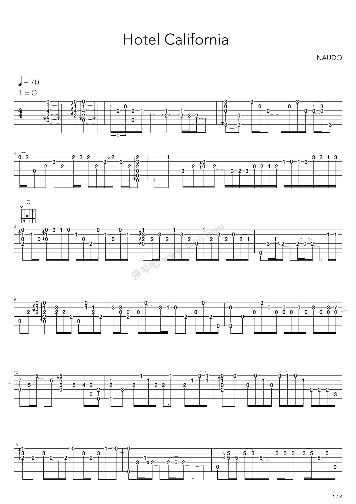 《Hotel California (加州旅馆)》吉他谱-C大调音乐网