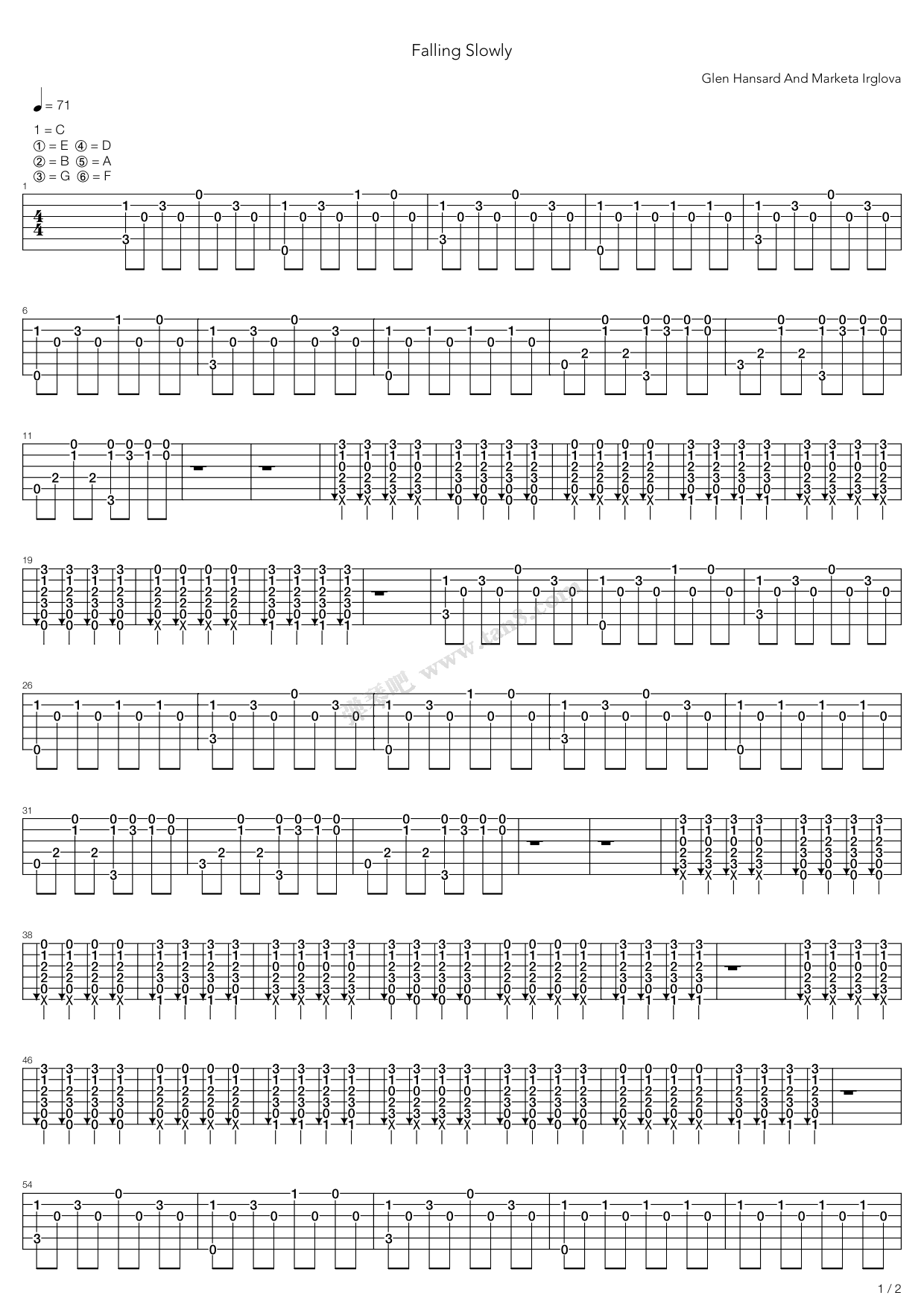 《Falling slowly》吉他谱-C大调音乐网