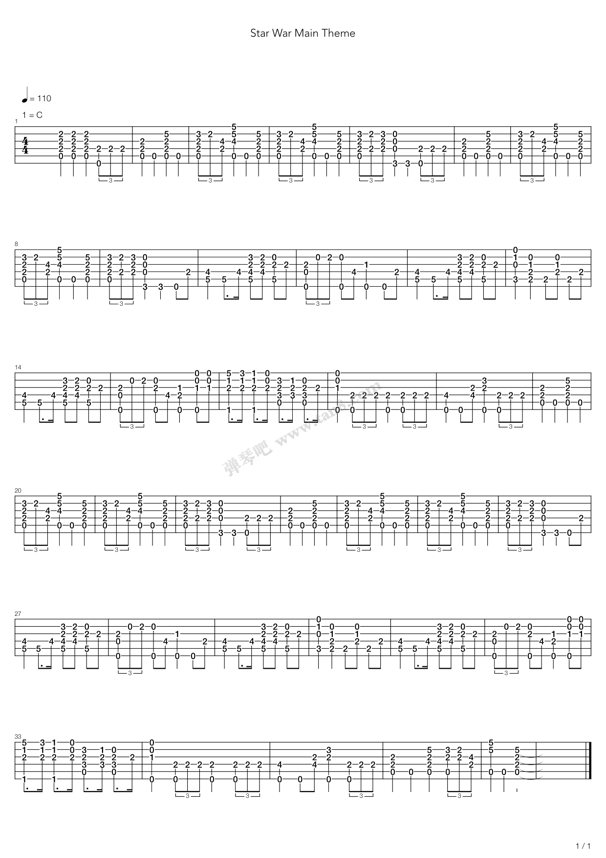 《《星球大战》- Star War Main Theme》吉他谱-C大调音乐网
