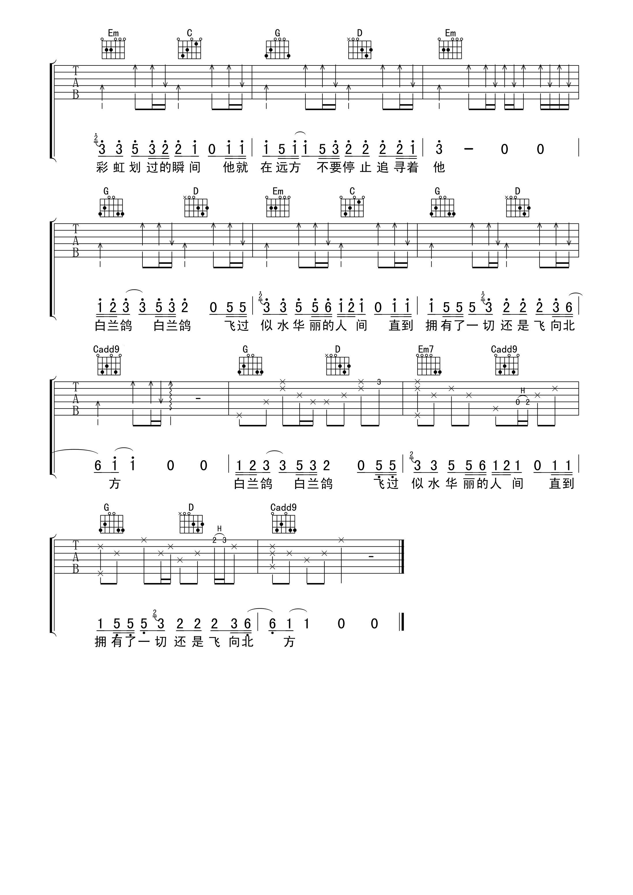 《白兰鸽巡游记 吉他谱 丢火车乐队 G调高清谱》吉他谱-C大调音乐网