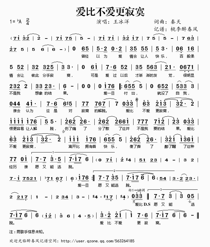 《爱比不爱更寂寞——王冰洋（简谱）》吉他谱-C大调音乐网