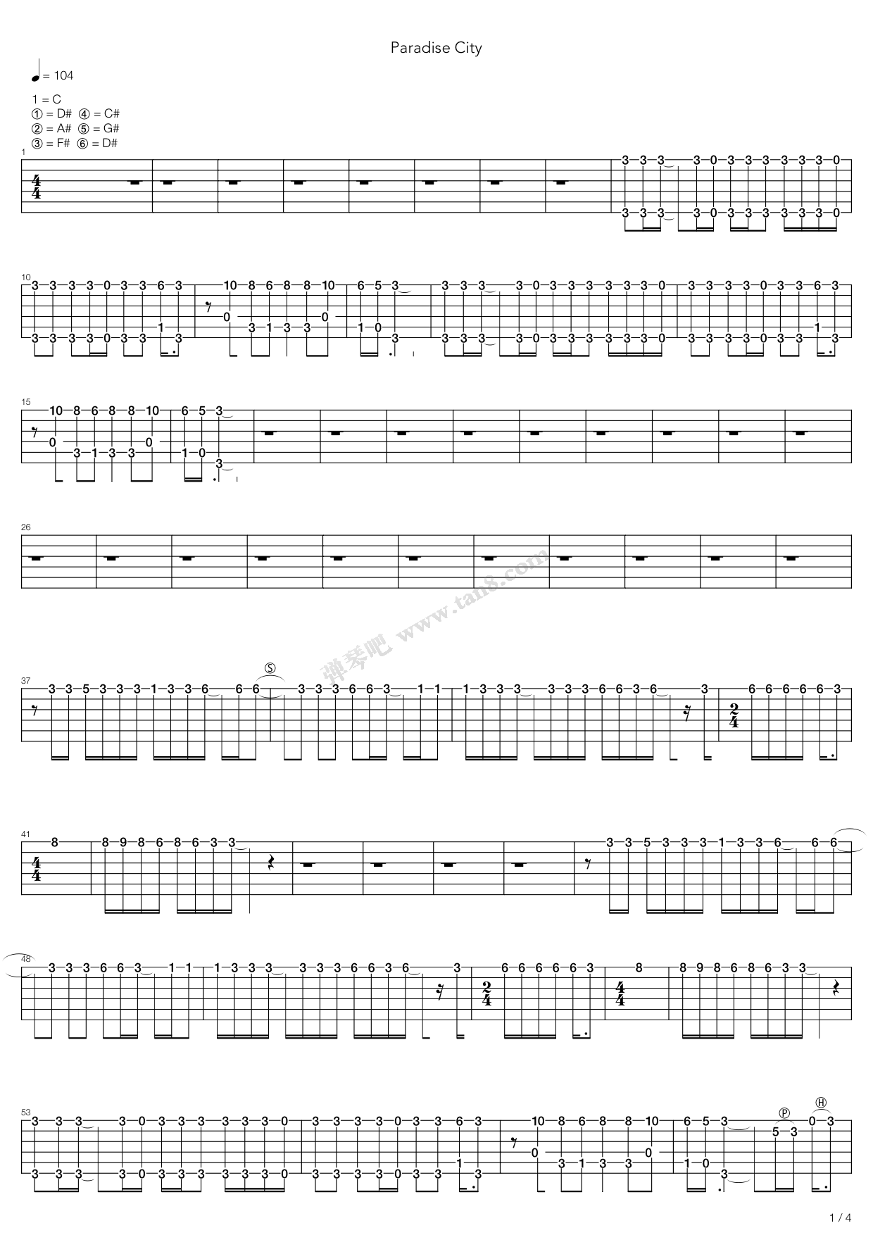 《Paradise City》吉他谱-C大调音乐网