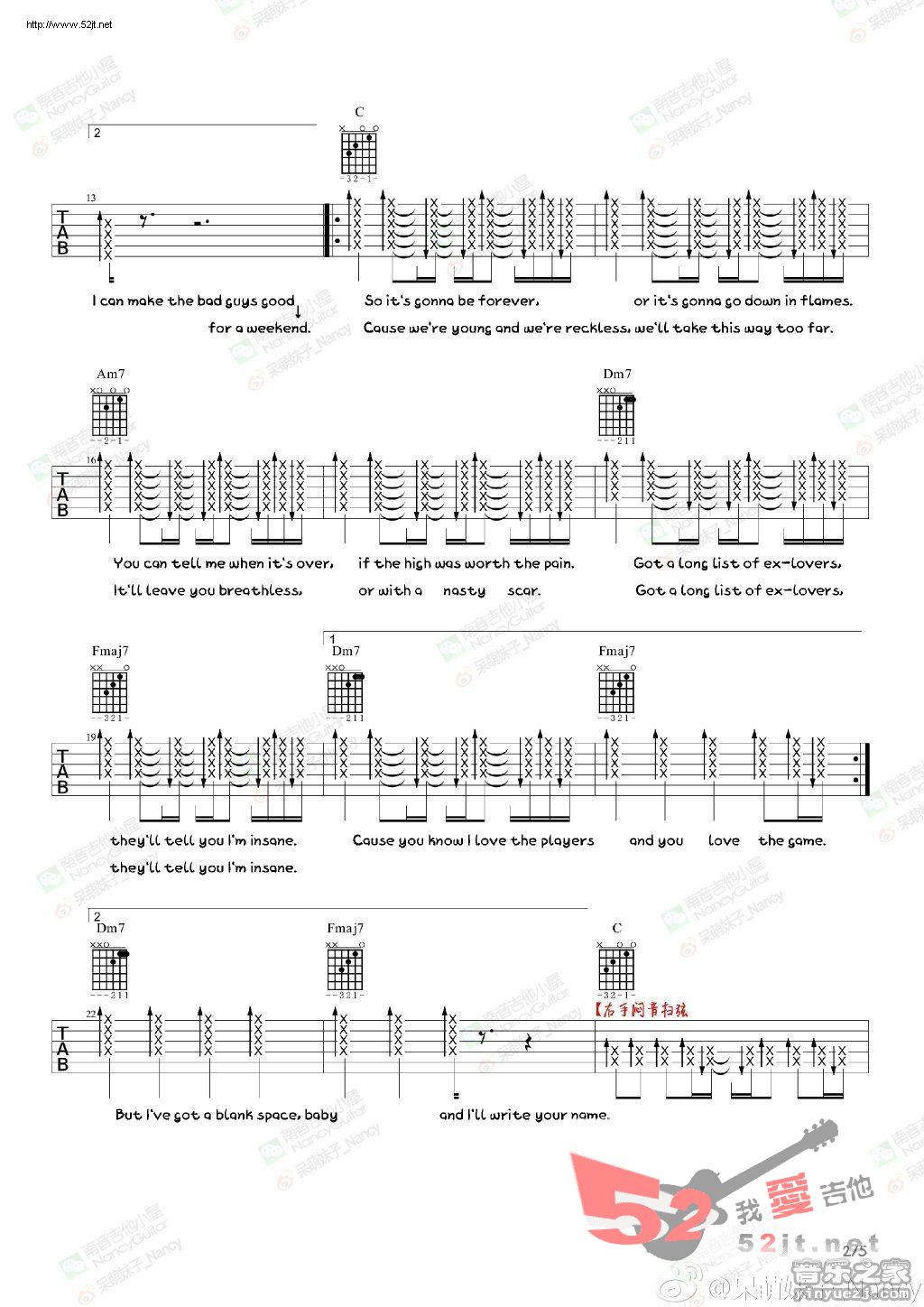 《Blank space 教学视频吉他谱视频》吉他谱-C大调音乐网