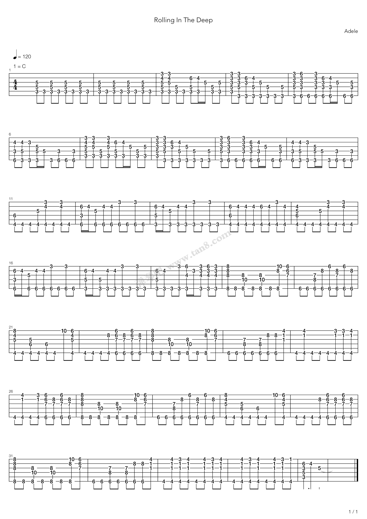 《Rolling In The Deep》吉他谱-C大调音乐网