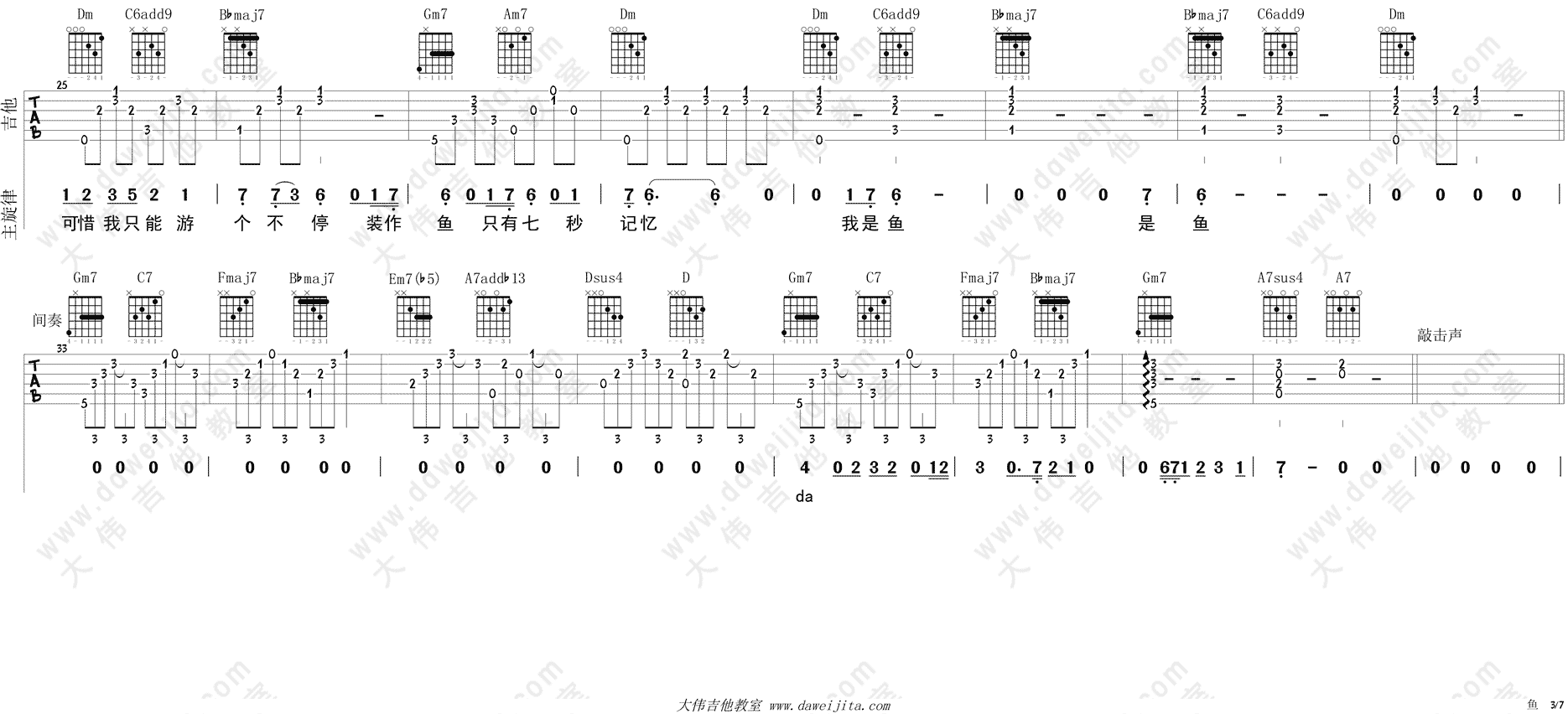 《姚贝娜《鱼》吉他谱_吉他弹唱教学_F调版》吉他谱-C大调音乐网