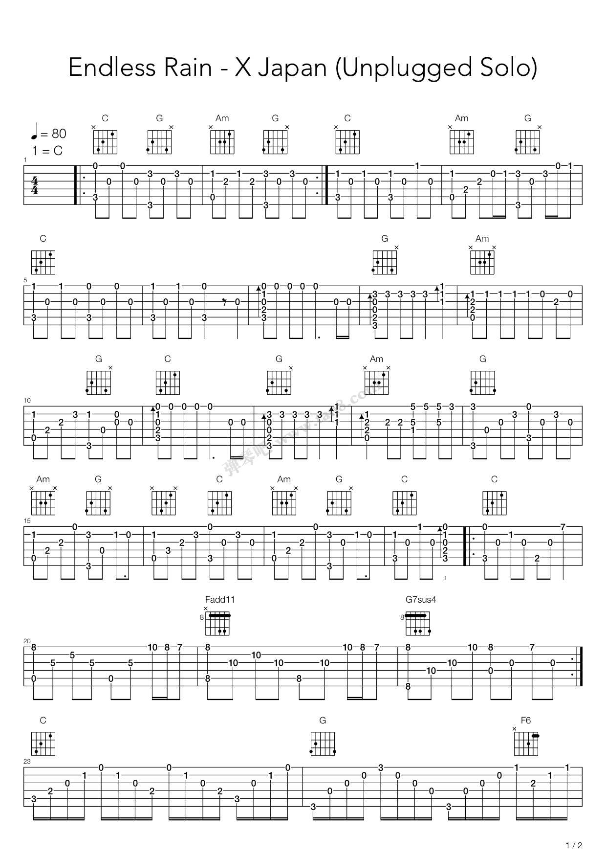 《Endless Rain（指弹版，卢家宏）》吉他谱-C大调音乐网