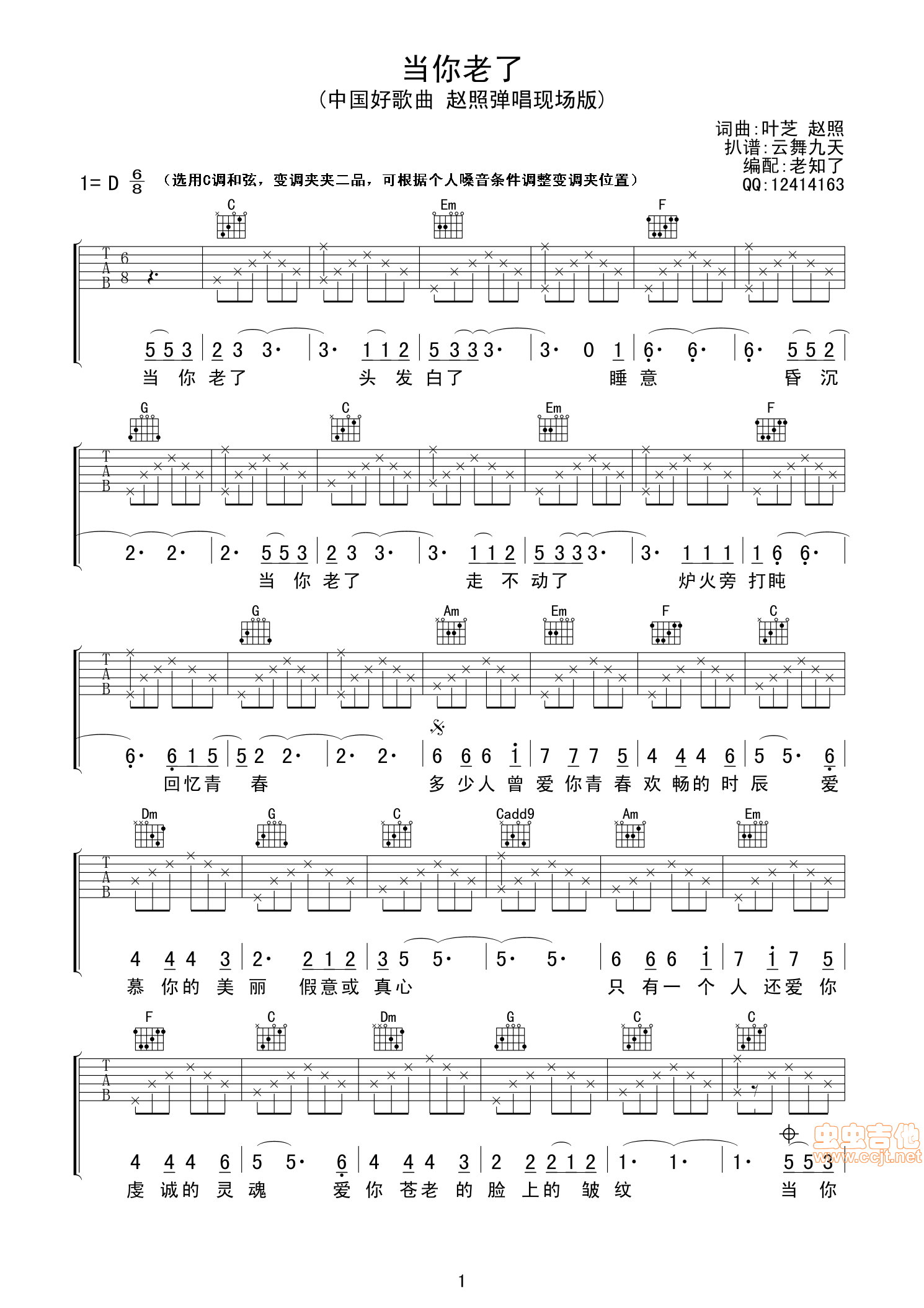 《当你老了（老知了谱）中国好歌曲赵照现场版》吉他谱-C大调音乐网