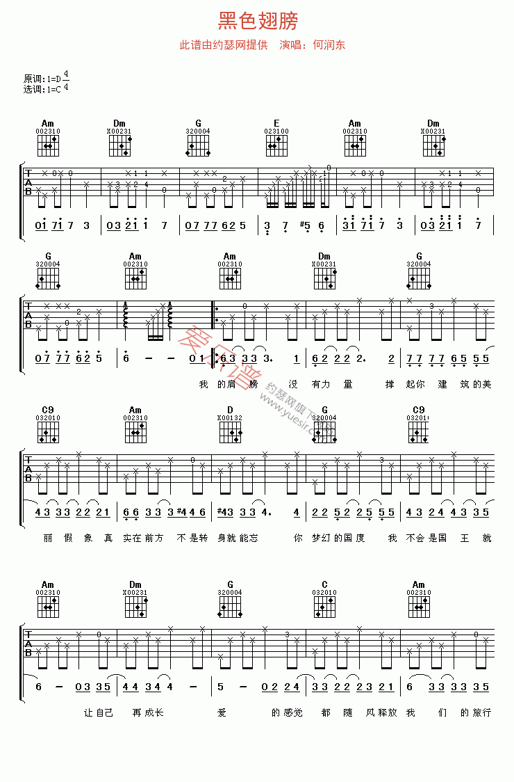 《何润东《黑色翅膀》》吉他谱-C大调音乐网