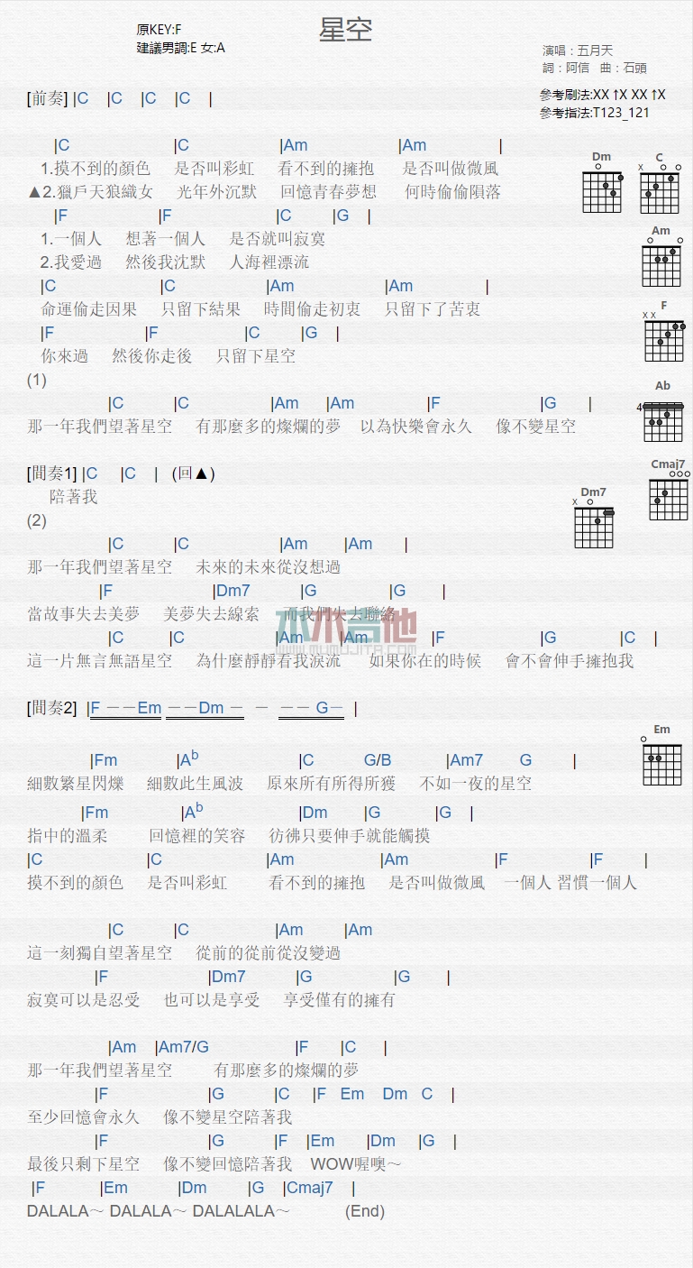 《星空》吉他谱-C大调音乐网