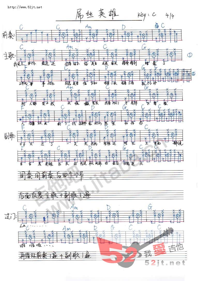 《屌丝英雄吉他谱视频》吉他谱-C大调音乐网