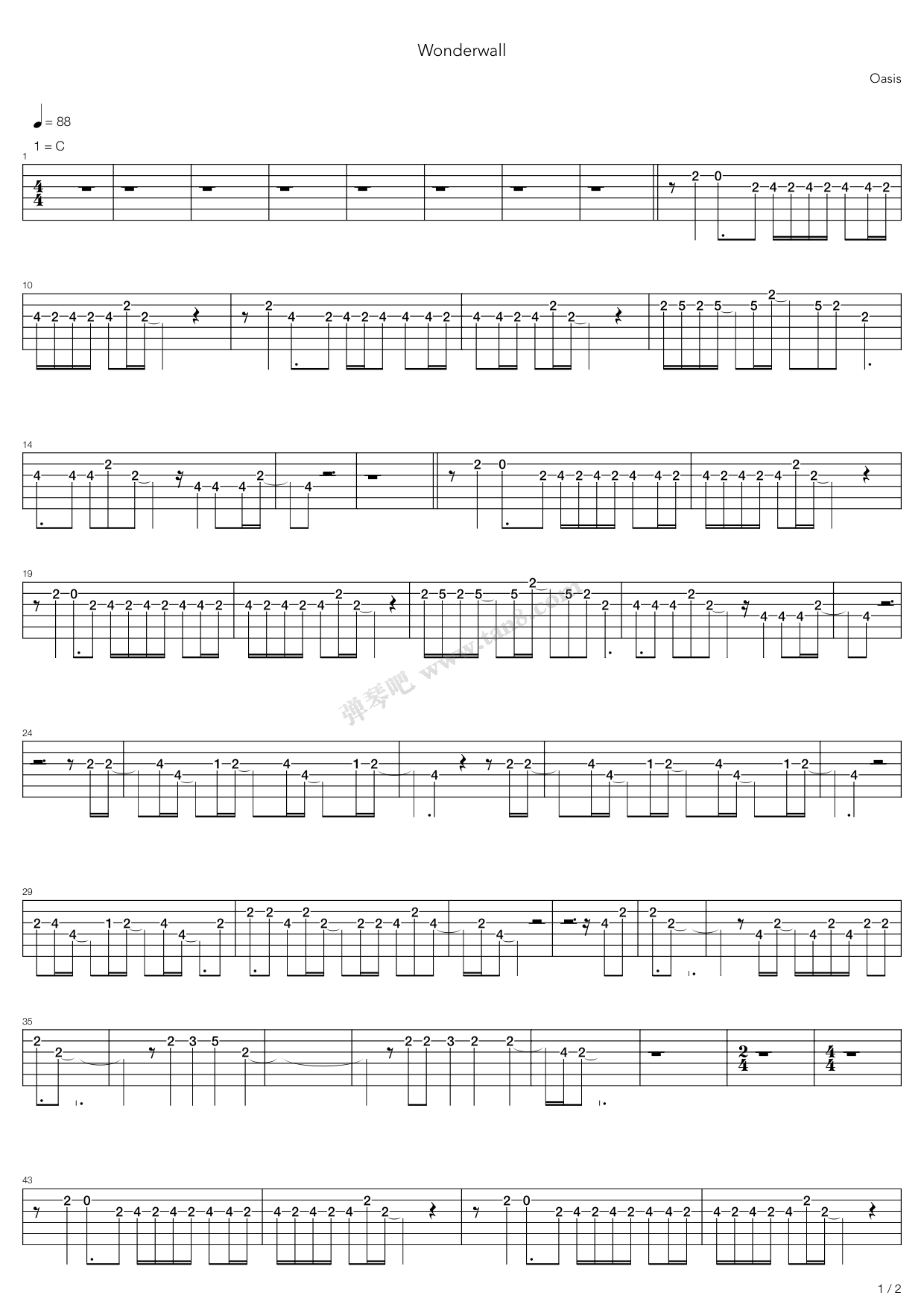 《Wonderwall》吉他谱-C大调音乐网