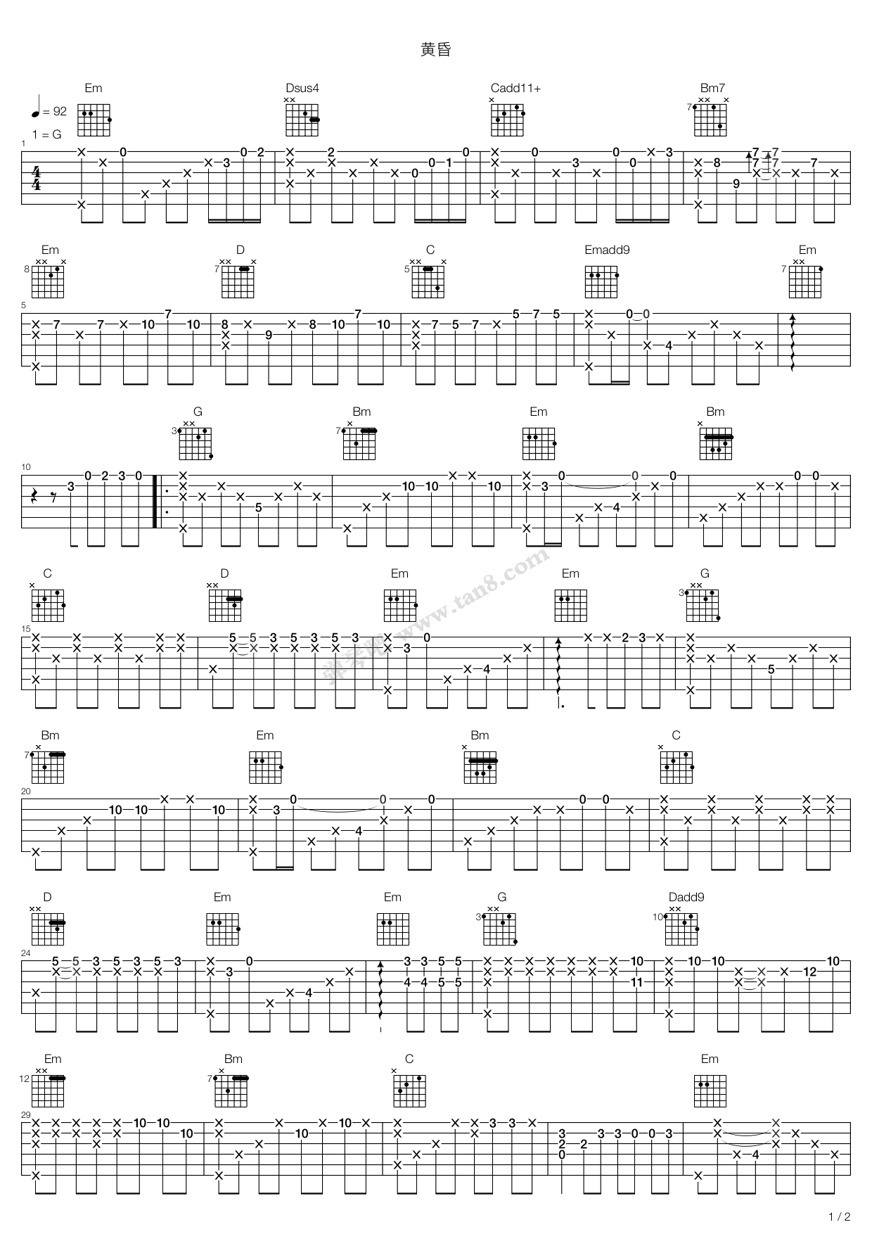 《黄昏》吉他谱-C大调音乐网