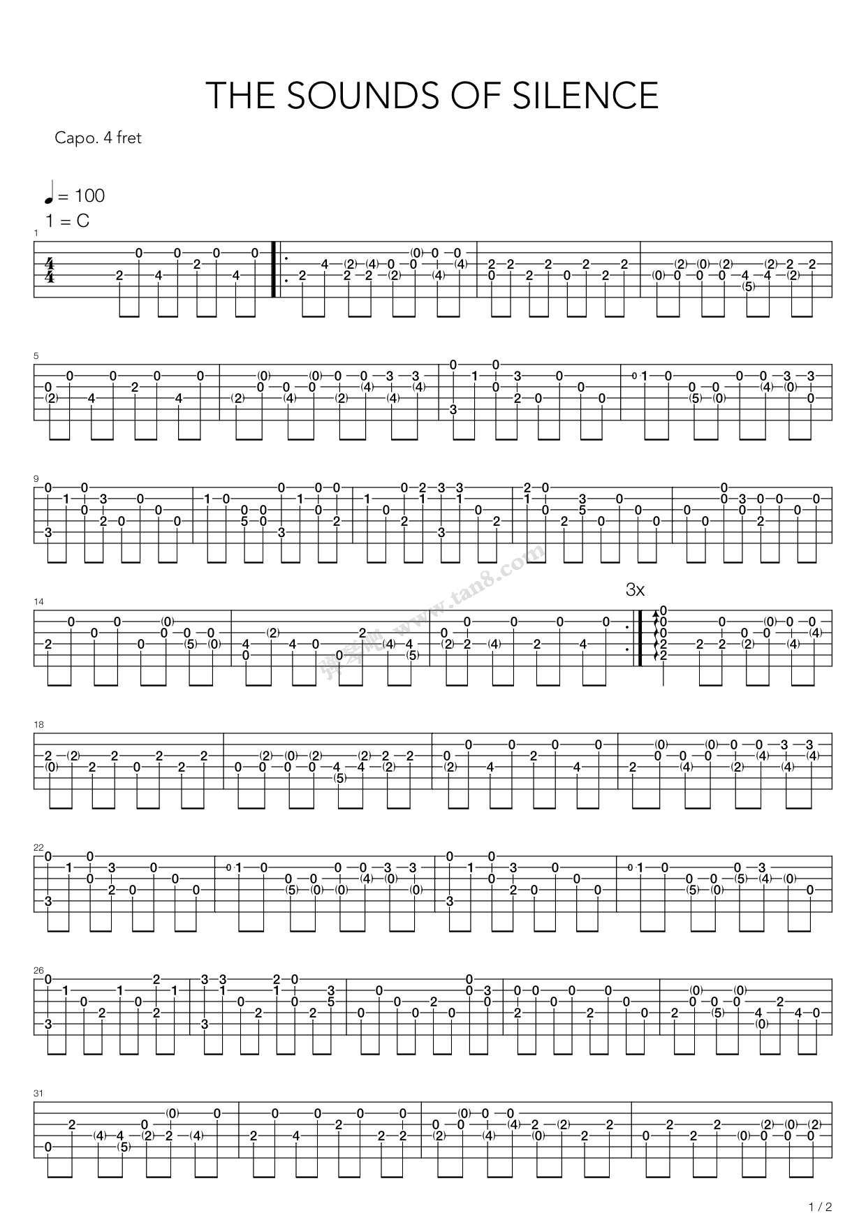 《The Sound of Silence(寂静之声)》吉他谱-C大调音乐网