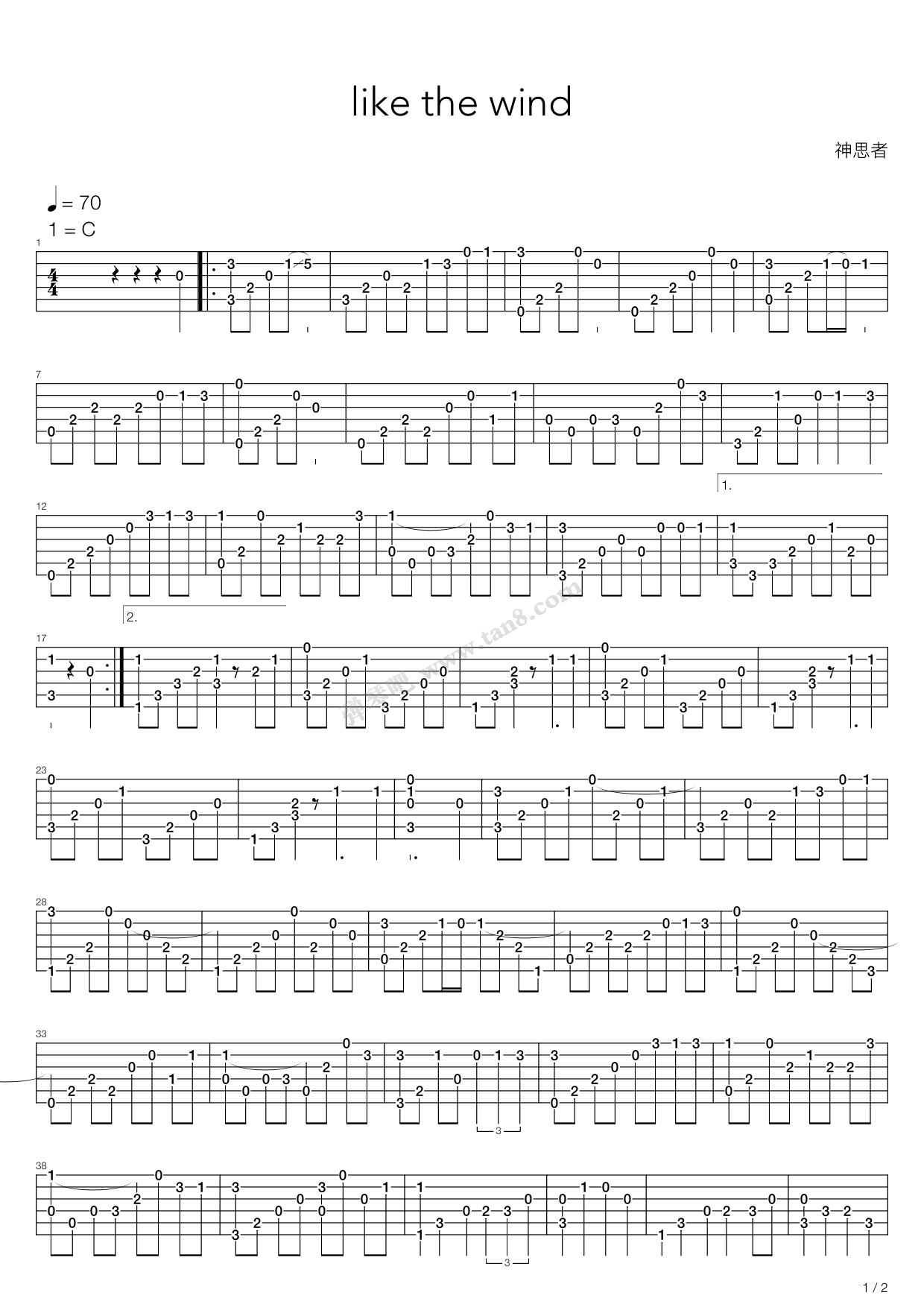 《Like the wind》吉他谱-C大调音乐网