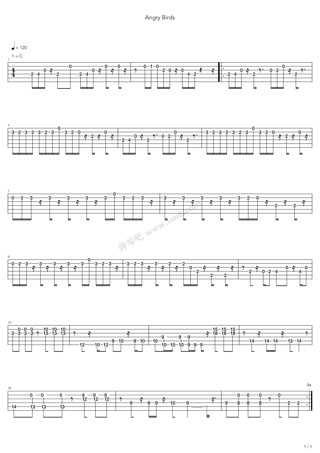 《Angry Birds 愤怒的小鸟》吉他谱-C大调音乐网