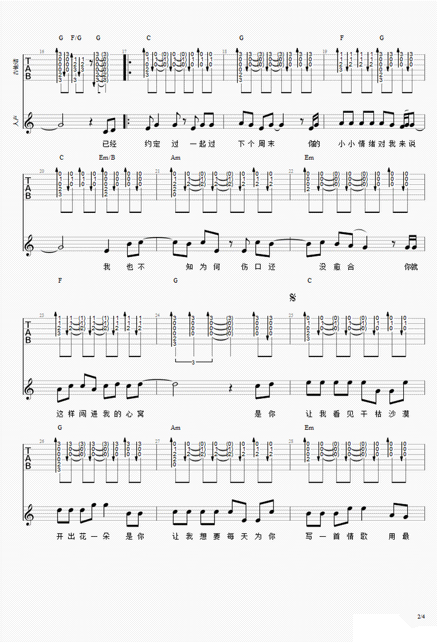 有点甜吉他谱_汪苏泷/by2《有点甜》六线谱_吉他弹唱谱-C大调音乐网