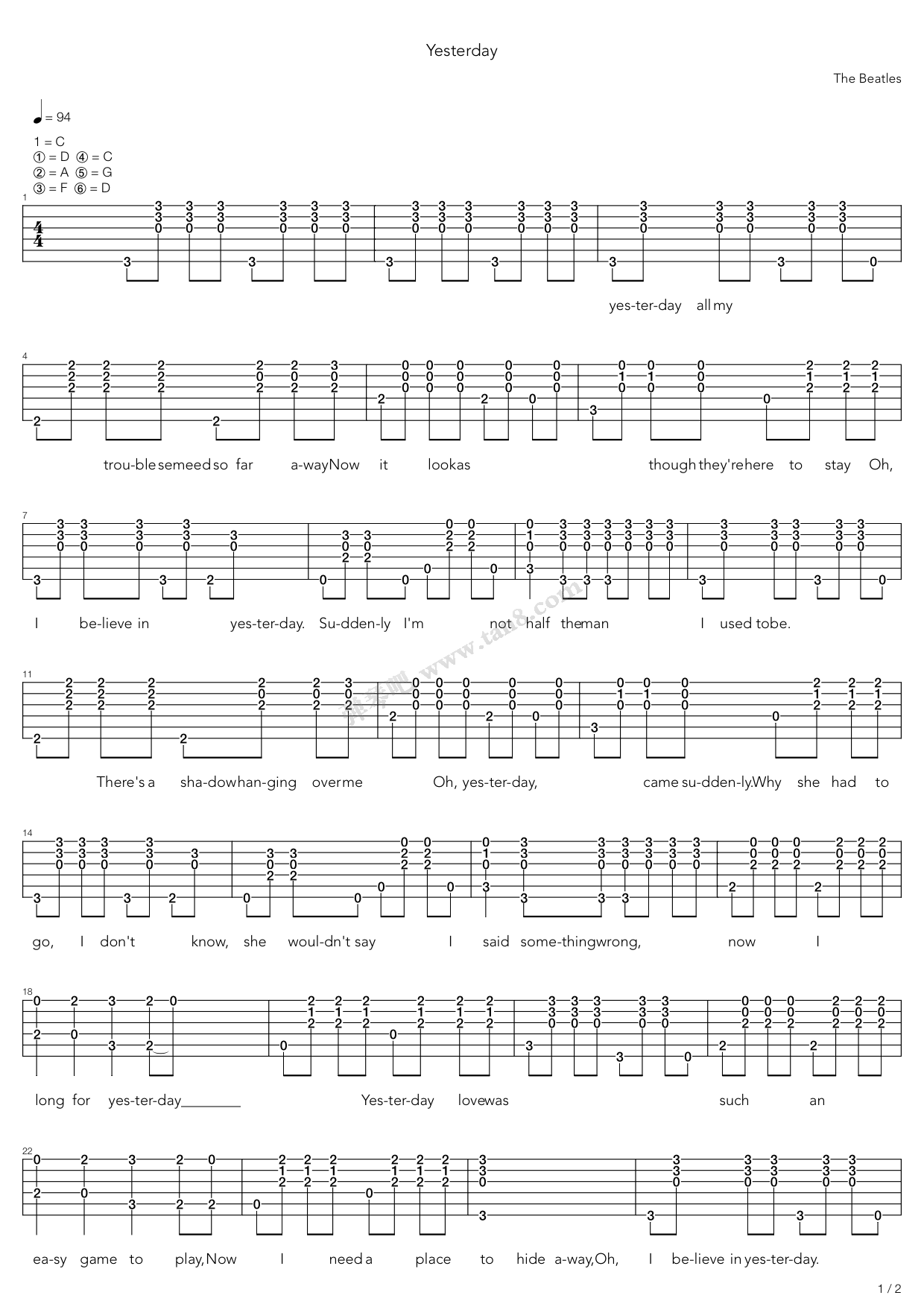 《Yesterday》吉他谱-C大调音乐网