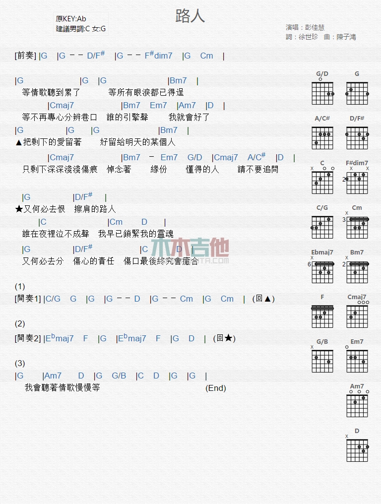 《路人》吉他谱-C大调音乐网