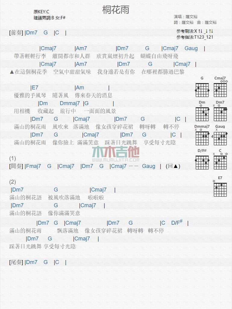 《桐花雨》吉他谱-C大调音乐网