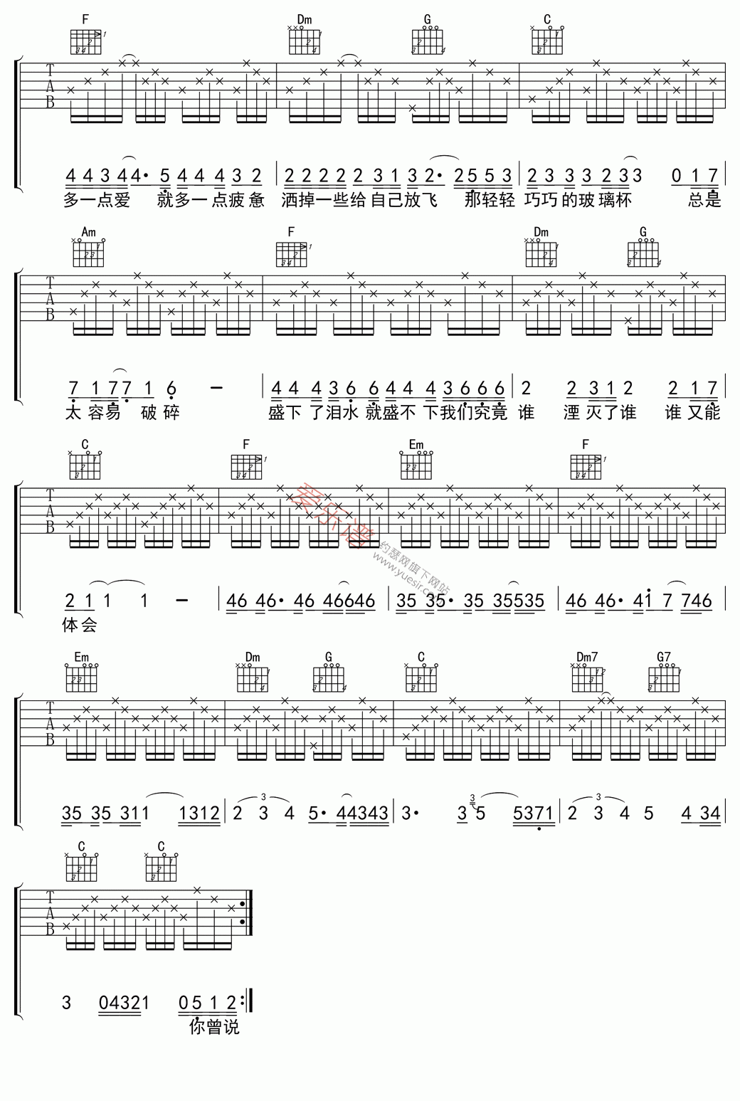 《曹卉娟《玻璃杯》》吉他谱-C大调音乐网