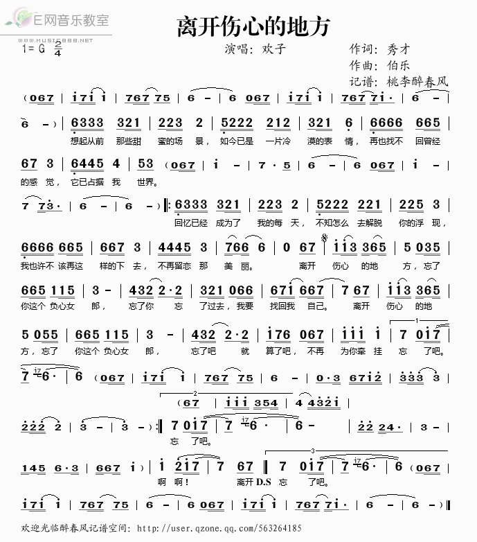 《离开伤心的地方——欢子（简谱）》吉他谱-C大调音乐网