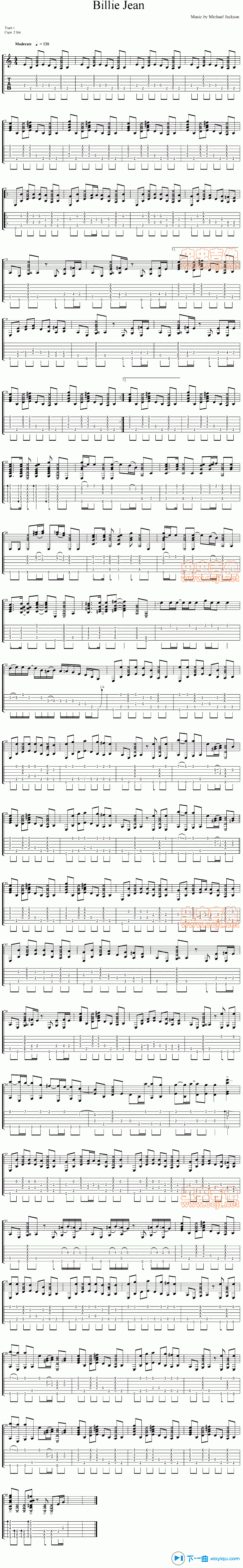 《Billy Jean吉他谱指弹版（六线谱）_迈克尔杰克逊》吉他谱-C大调音乐网