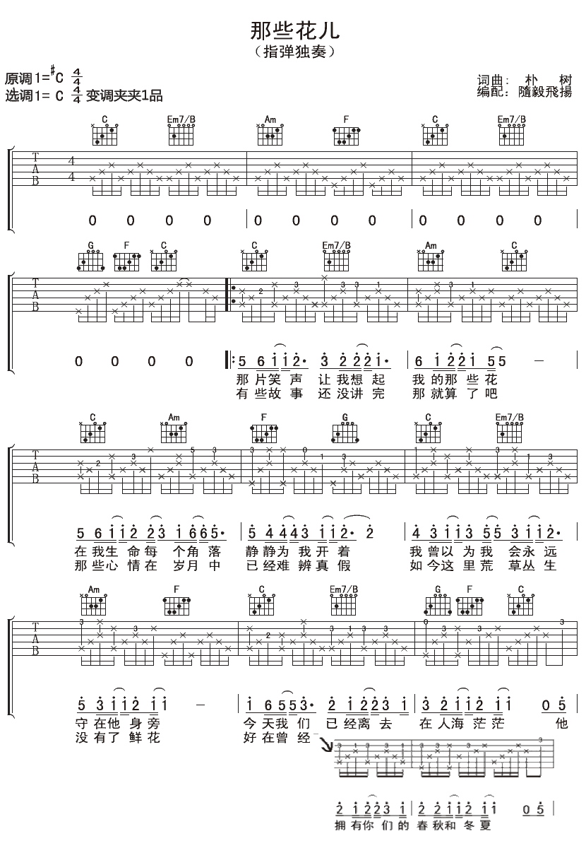 朴树 那些花儿吉他谱 C调版-C大调音乐网