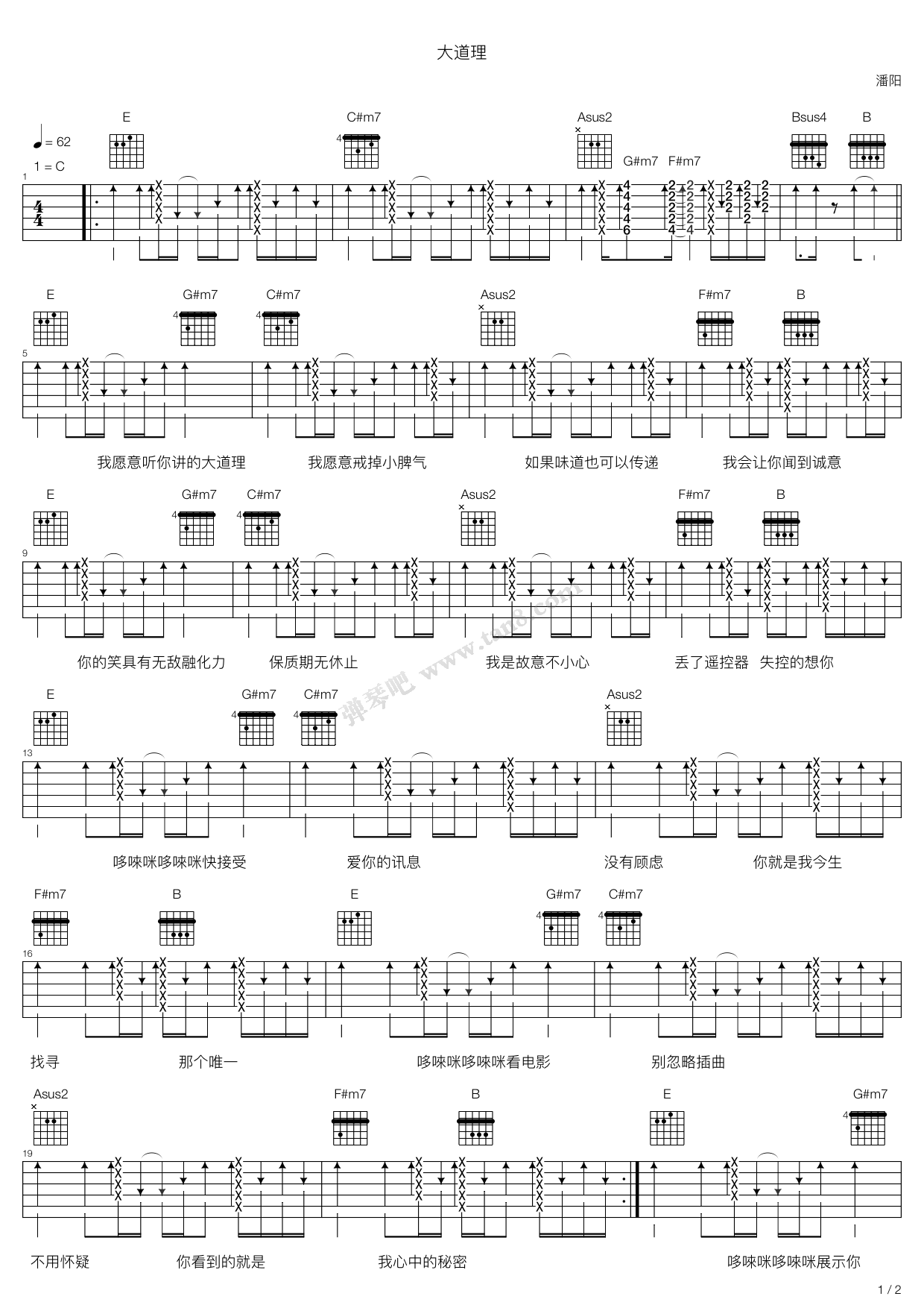 《潘阳-大道理吉他谱六线谱》吉他谱-C大调音乐网