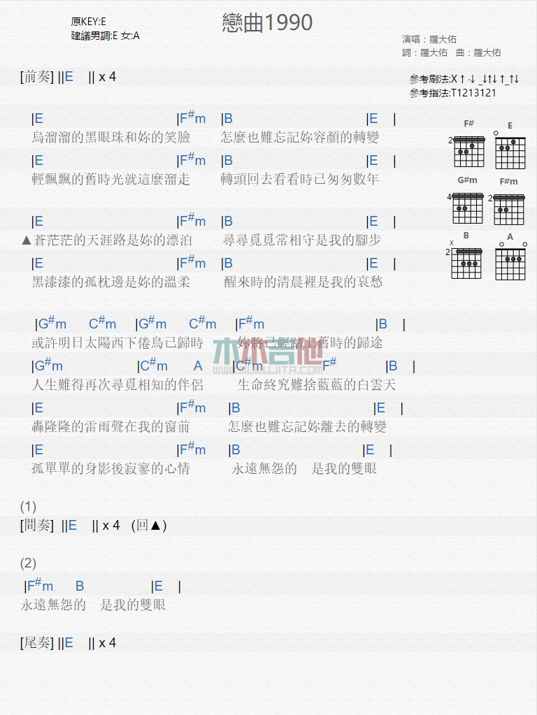 《恋曲1990》吉他谱-C大调音乐网