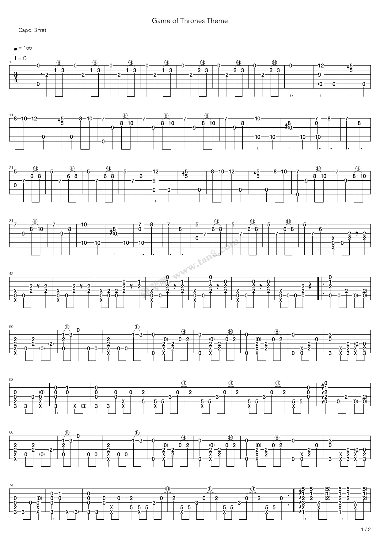 《Game Of Thrones Theme（指弹版，郑成河）》吉他谱-C大调音乐网