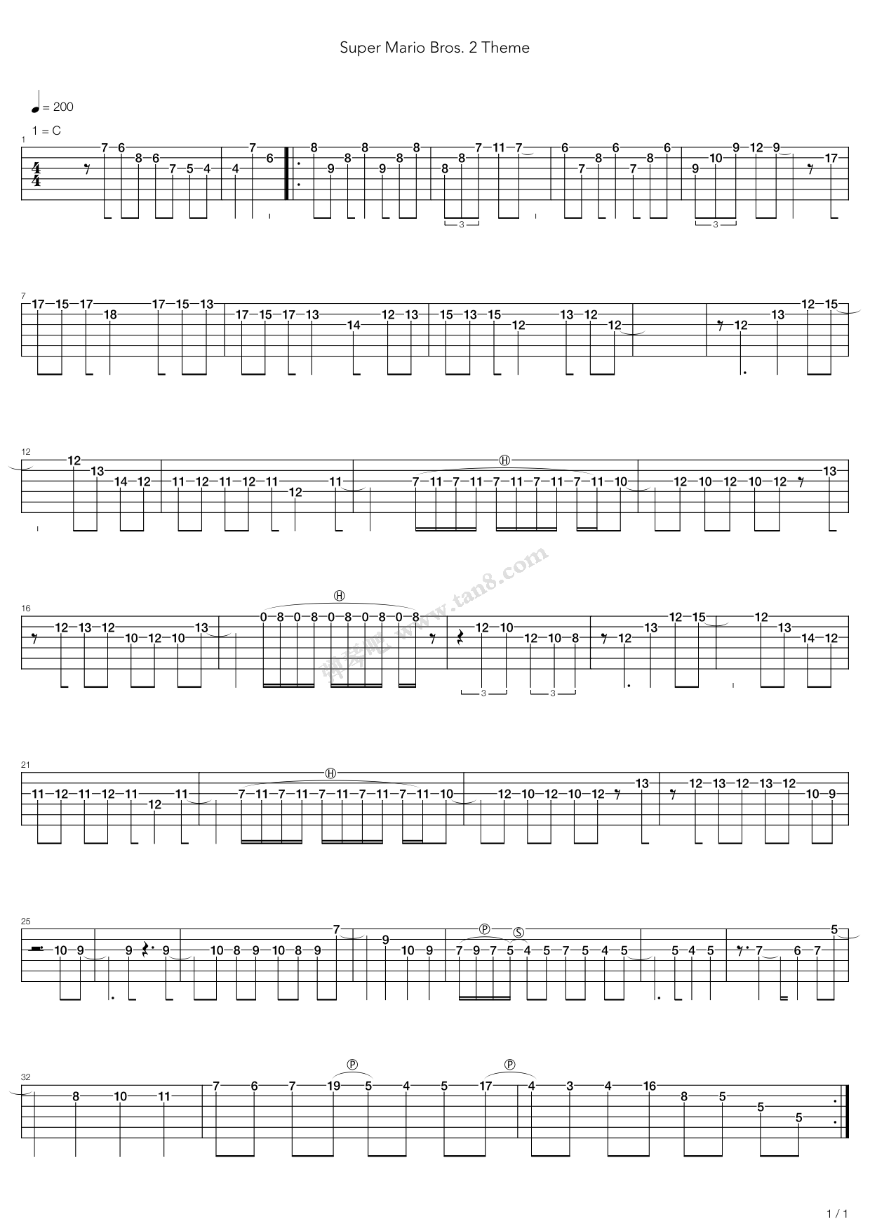 《动漫游戏-超级马里奥2 Lv1》吉他谱-C大调音乐网