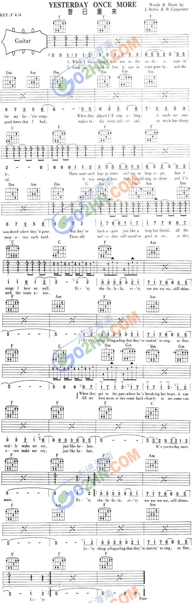 《YESTERDAY ONCE MORE》吉他谱-C大调音乐网
