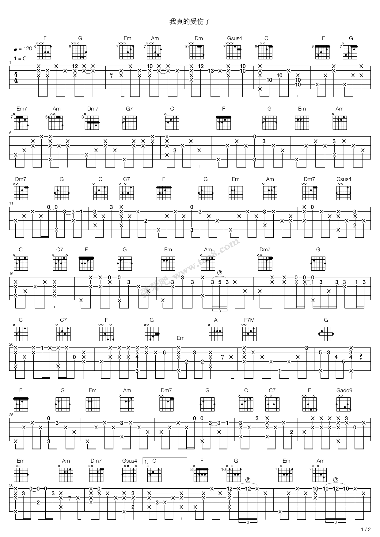 《我真的受伤了》吉他谱-C大调音乐网