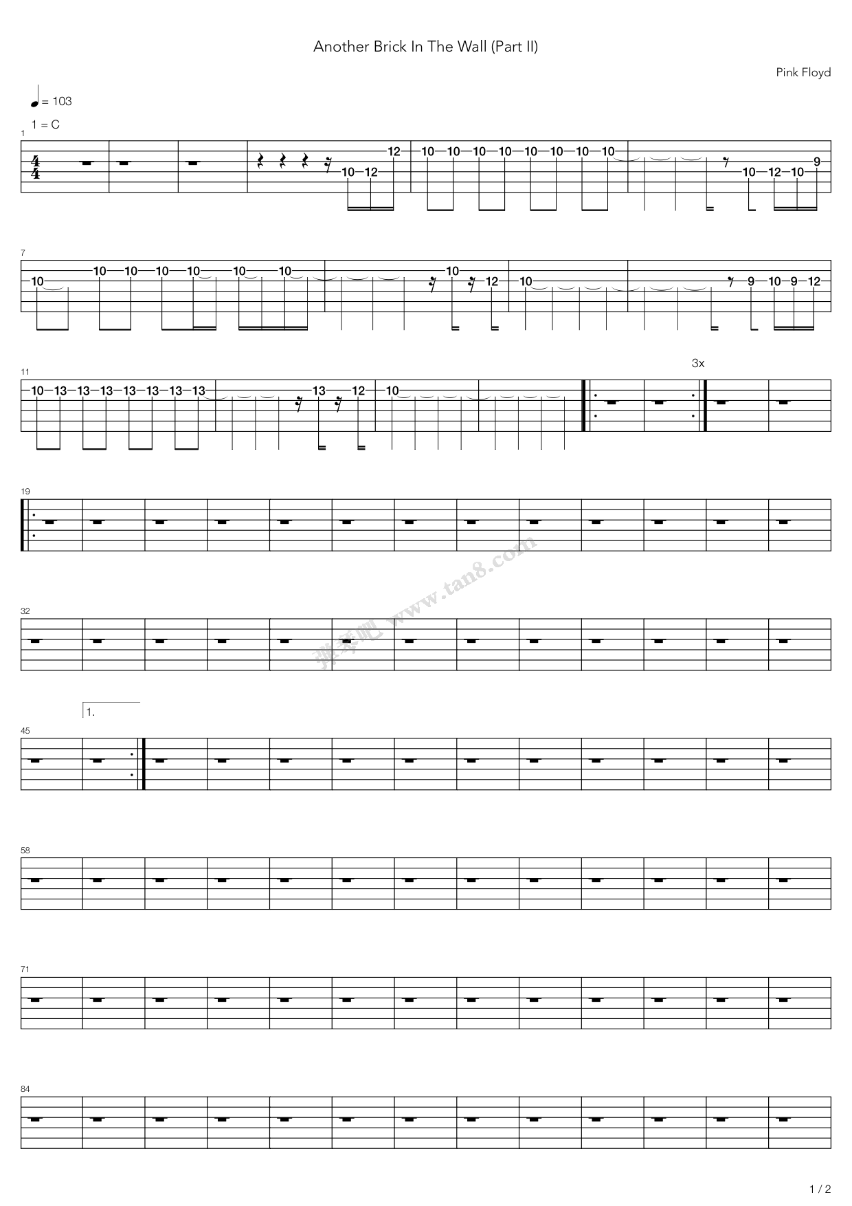 《Another Brick In The Wall》吉他谱-C大调音乐网
