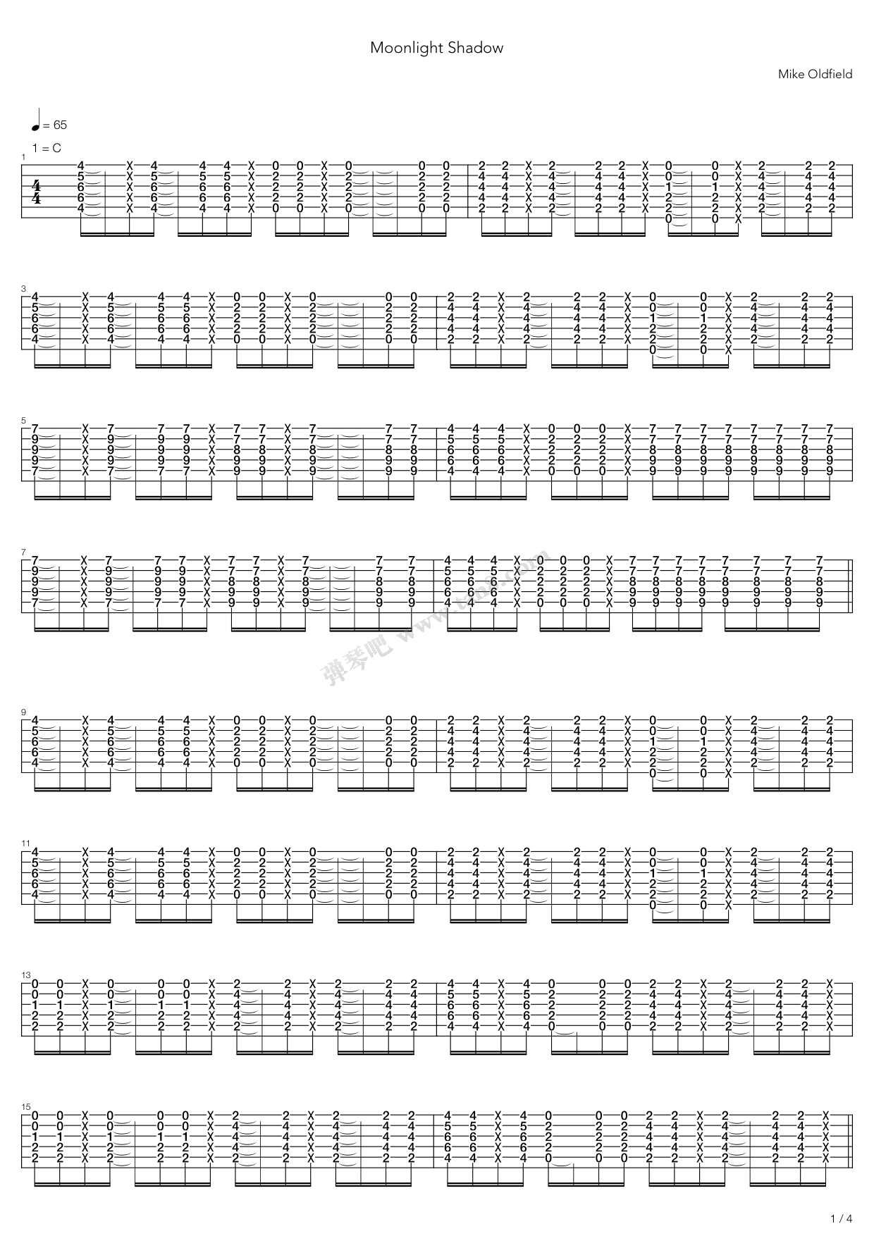 《Moonlight Shadow》吉他谱-C大调音乐网