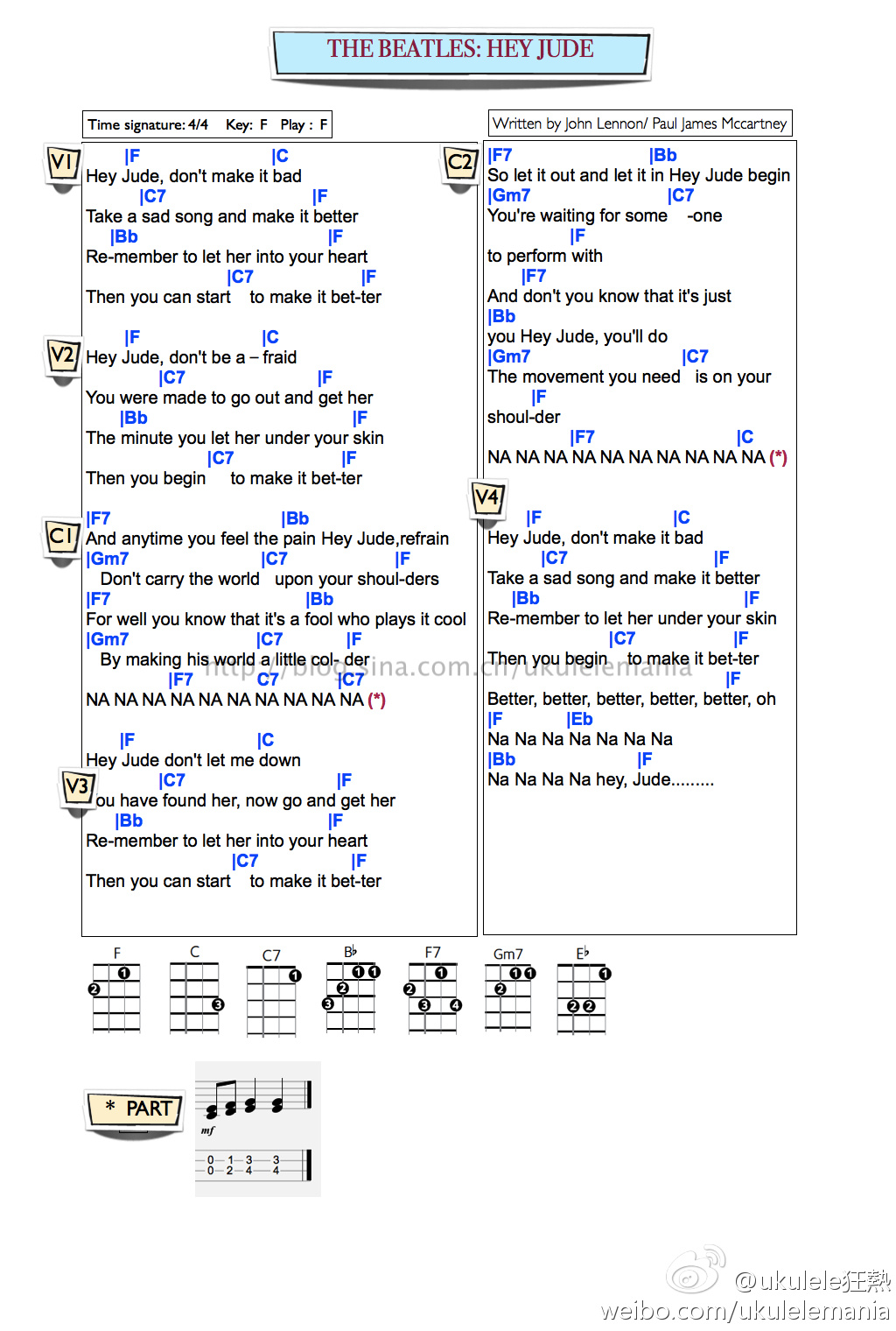 《Hey Jude》尤克里里ukulele谱+右手节奏教学-C大调音乐网
